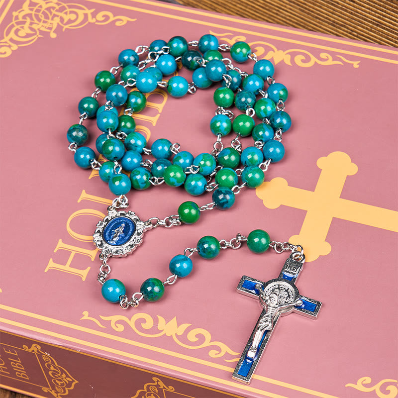 Christianartworkshop Medalla milagrosa y crucifijo de piedra redonda verde azul de 8 mm con cadena de aleación y rosario - image 3