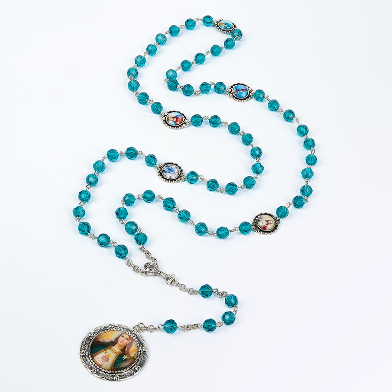 Christianartworkshop Rosario con cadena de aleación de vidrio azul poliédrico de 8 mm del Sagrado Corazón de Jesús y el Inmaculado Corazón de María. - image 3