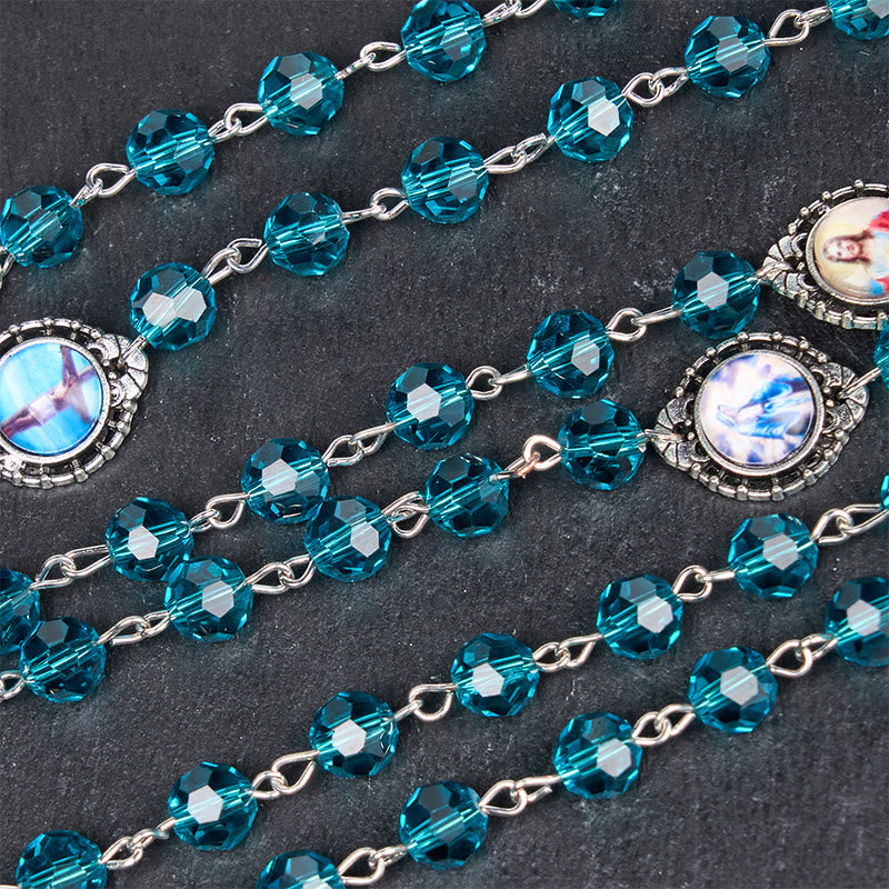 Christianartworkshop Rosario con cadena de aleación de vidrio azul poliédrico de 8 mm del Sagrado Corazón de Jesús y el Inmaculado Corazón de María. - image 5