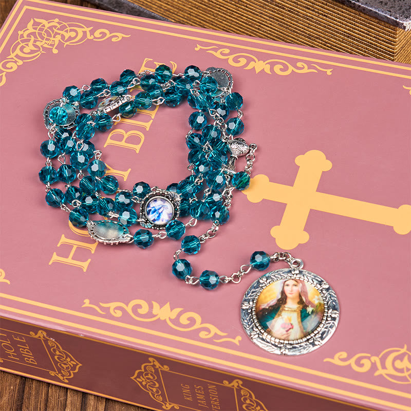 Christianartworkshop Rosario con cadena de aleación de vidrio azul poliédrico de 8 mm del Sagrado Corazón de Jesús y el Inmaculado Corazón de María. - image 2