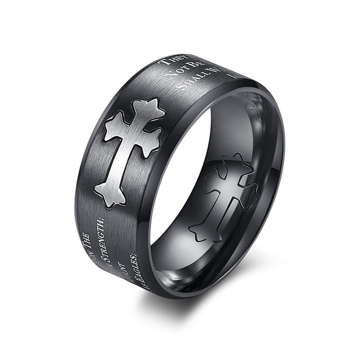 Christianartworkshop Anillo con cruz grabada de estilo moderno con el lema "Fe y fuerza". - Negro - US 12 - image 3