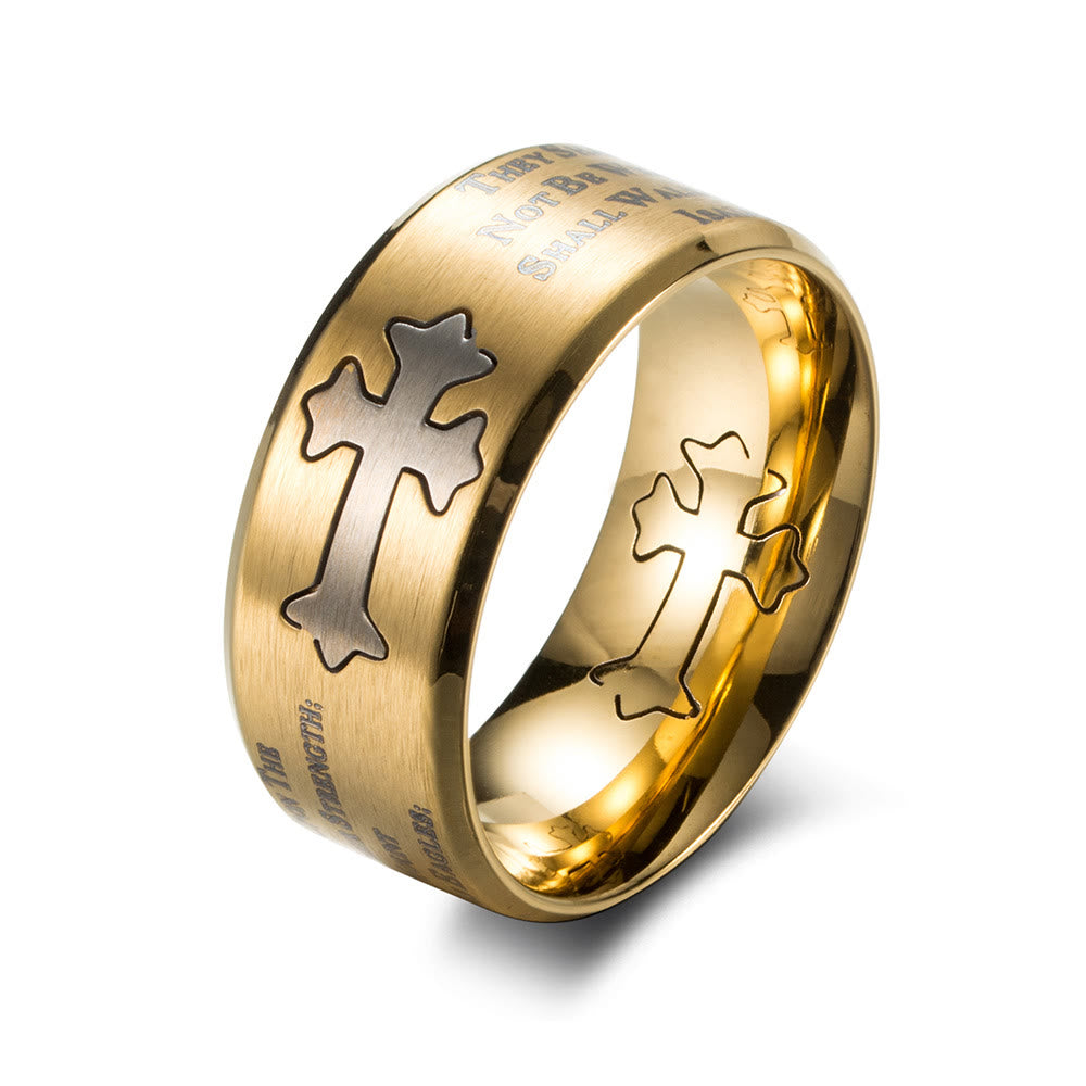 Christianartworkshop Anillo con cruz grabada de estilo moderno con el lema "Fe y fuerza". - Oro - US 12 - image 0