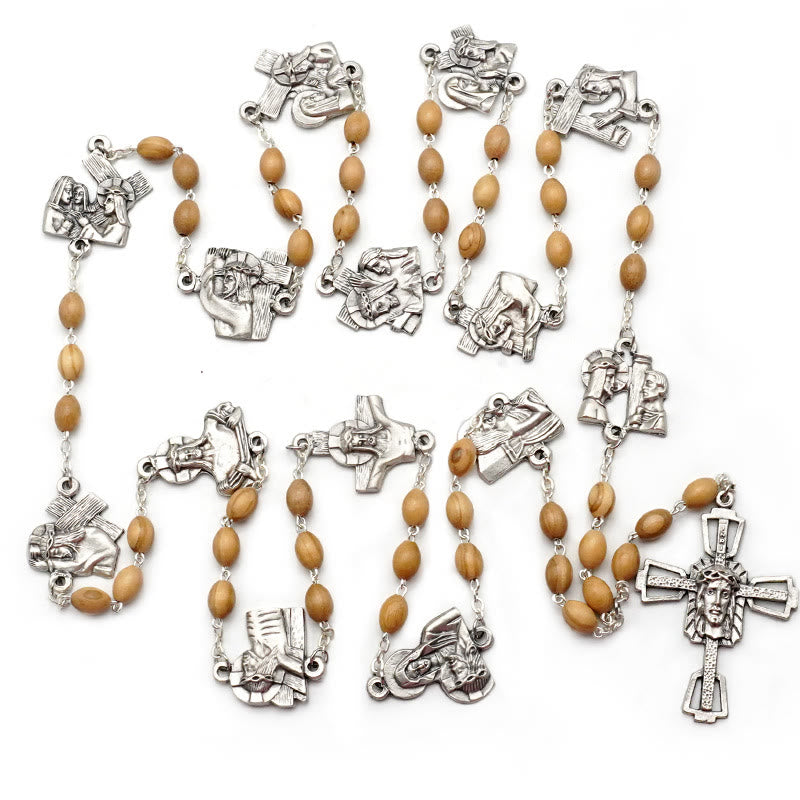 Christianartworkshop Rosario de Vía Crucis de 14 estaciones, ovalado, con cadena de aleación de nácar y madera de olivo. - image 8