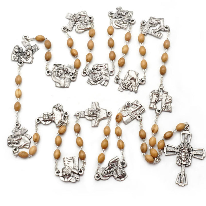 Christianartworkshop Rosario de Vía Crucis de 14 estaciones, ovalado, con cadena de aleación de nácar y madera de olivo. - image 8