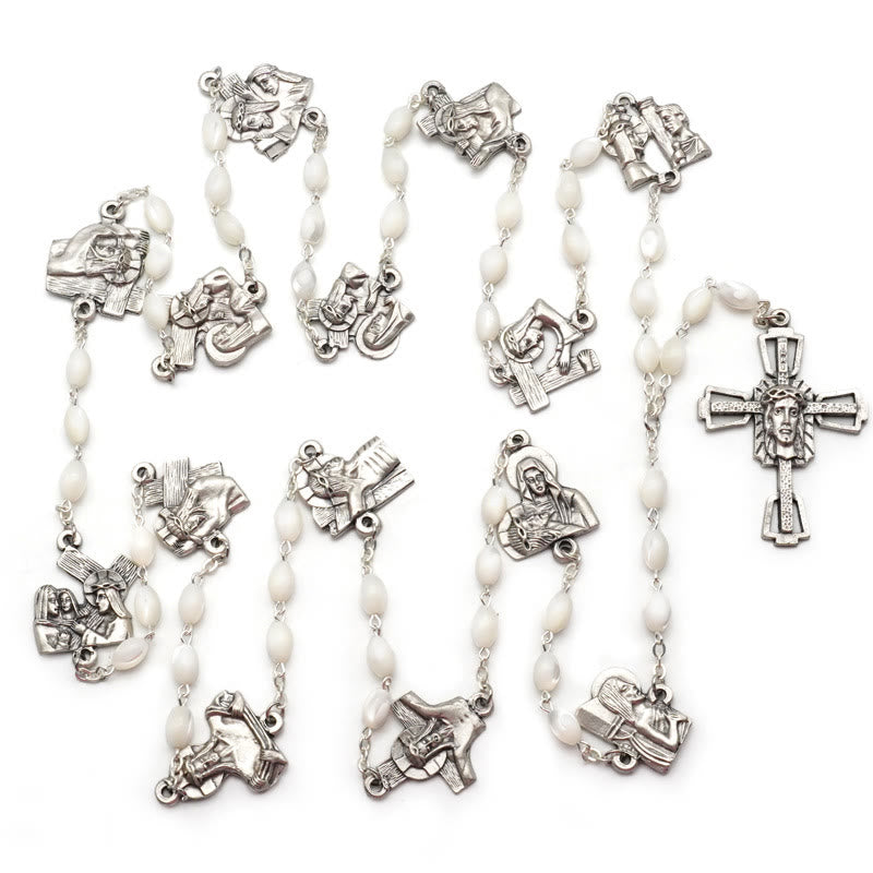 Christianartworkshop Rosario de Vía Crucis de 14 estaciones, ovalado, con cadena de aleación de nácar y madera de olivo. - image 7