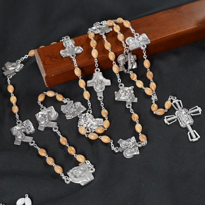 Christianartworkshop Rosario de Vía Crucis de 14 estaciones, ovalado, con cadena de aleación de nácar y madera de olivo. - Madera de olivo - Sin centro de mesa - image 1