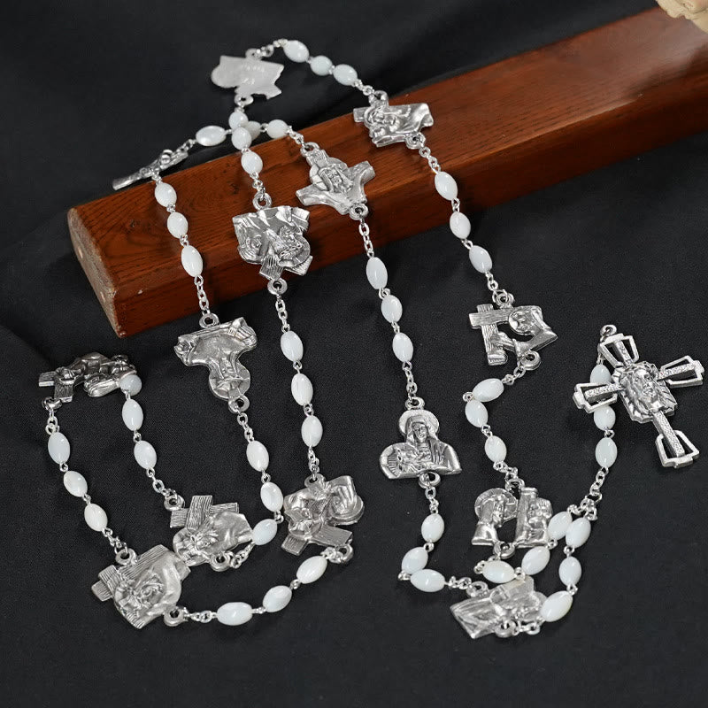 Christianartworkshop Rosario de Vía Crucis de 14 estaciones, ovalado, con cadena de aleación de nácar y madera de olivo. - Madreperla - Sin centro de mesa - image 0