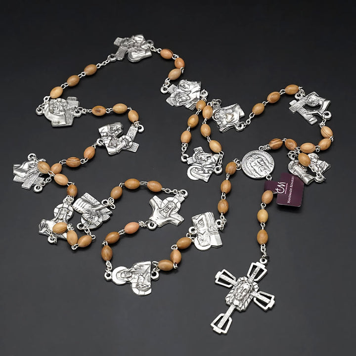 Christianartworkshop Rosario de Vía Crucis de 14 estaciones, ovalado, con cadena de aleación de nácar y madera de olivo. - Madera de olivo - Con centro de mesa - image 9