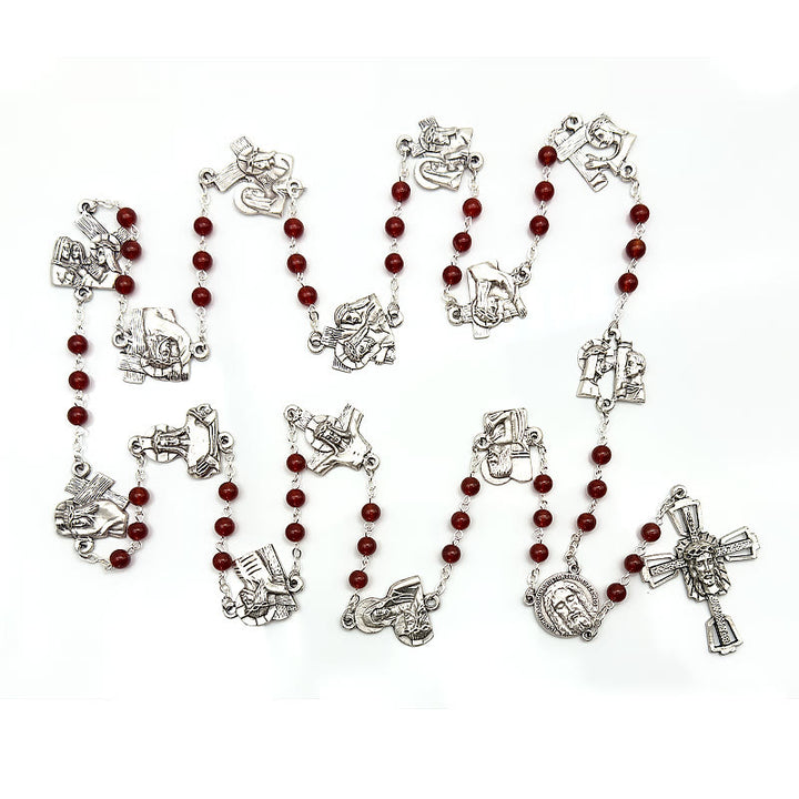 Christianartworkshop Rosario de cadena redonda de aleación de ágata roja/negra con el Vía Crucis (Estaciones de la Cruz) - image 6