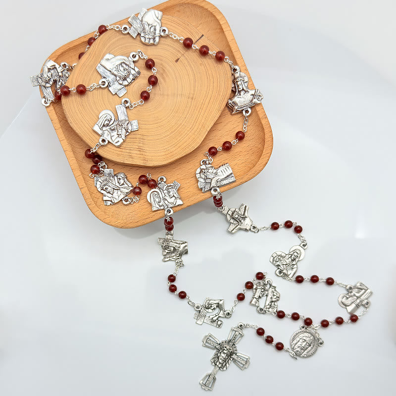 Christianartworkshop Rosario de cadena redonda de aleación de ágata roja/negra con el Vía Crucis (Estaciones de la Cruz) - image 1