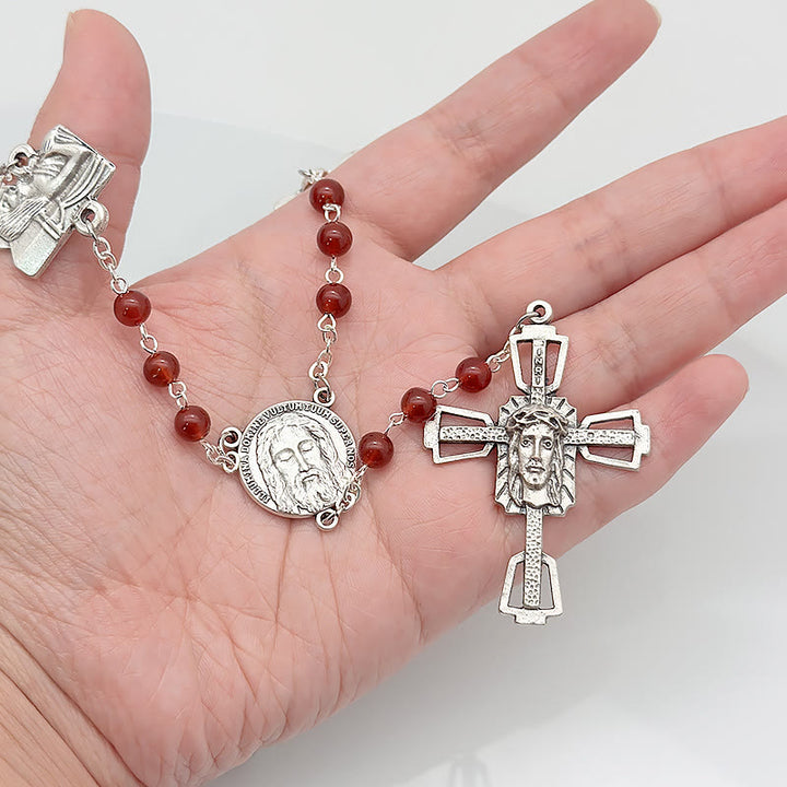 Christianartworkshop Rosario de cadena redonda de aleación de ágata roja/negra con el Vía Crucis (Estaciones de la Cruz) - image 5
