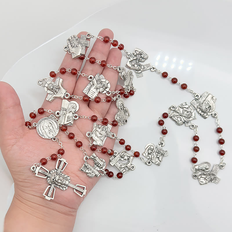 Christianartworkshop Rosario de cadena redonda de aleación de ágata roja/negra con el Vía Crucis (Estaciones de la Cruz) - image 3