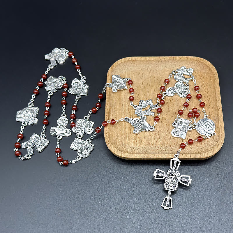 Christianartworkshop Rosario de cadena redonda de aleación de ágata roja/negra con el Vía Crucis (Estaciones de la Cruz) - Rojo - image 0