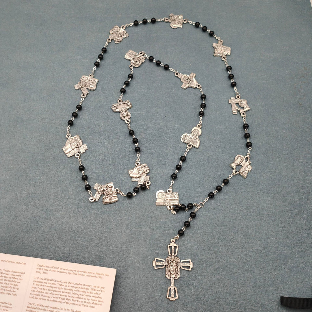 Christianartworkshop Rosario de cadena redonda de aleación de ágata roja/negra con el Vía Crucis (Estaciones de la Cruz) - Negro - image 2