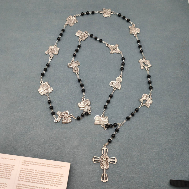 Christianartworkshop Rosario de cadena redonda de aleación de ágata roja/negra con el Vía Crucis (Estaciones de la Cruz) - Negro - image 2