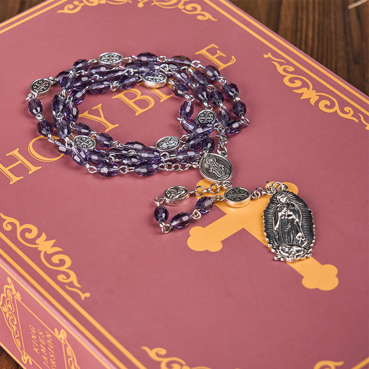 Christianartworkshop Rosario con cadena de aleación de cristal púrpura ovalado de 6*8 mm y Medalla Milagrosa y Nuestra Señora de Guadalupe. - image 4