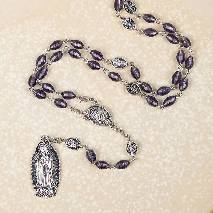 Christianartworkshop Rosario con cadena de aleación de cristal púrpura ovalado de 6*8 mm y Medalla Milagrosa y Nuestra Señora de Guadalupe. - image 2
