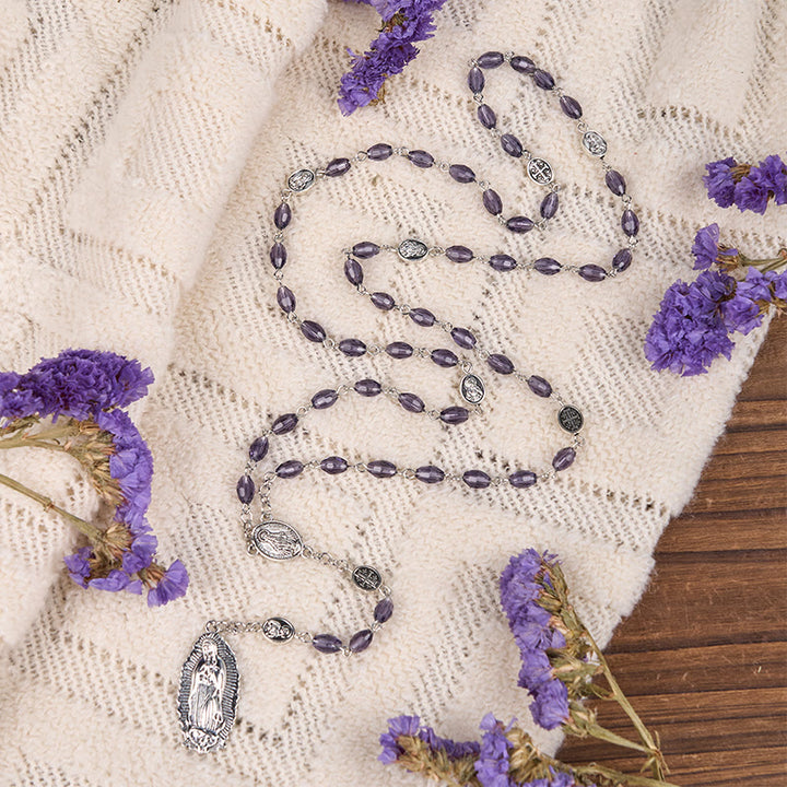 Christianartworkshop Rosario con cadena de aleación de cristal púrpura ovalado de 6*8 mm y Medalla Milagrosa y Nuestra Señora de Guadalupe. - Púrpura - image 0