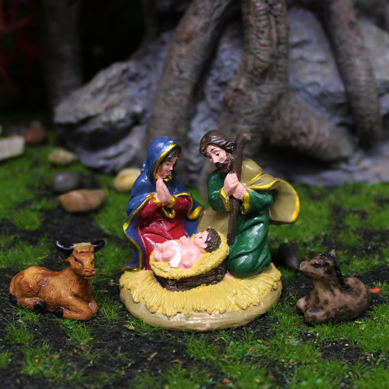 Christianartworkshop Conjunto de figuras de la Sagrada Familia de estilo colorido para decoración de escritorio. - Escena de la Natividad - image 0