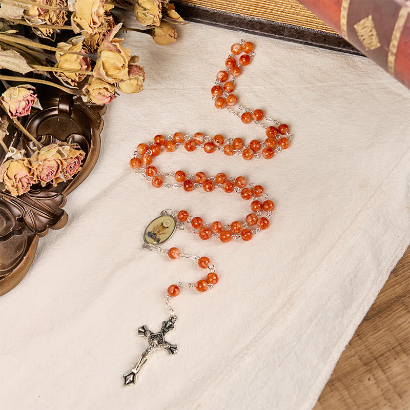 Christianartworkshop Rosario con cadena de aleación de vidrio naranja redondo de 8 mm y crucifijo de la Santa Comunión y Crucifijo. - image 1