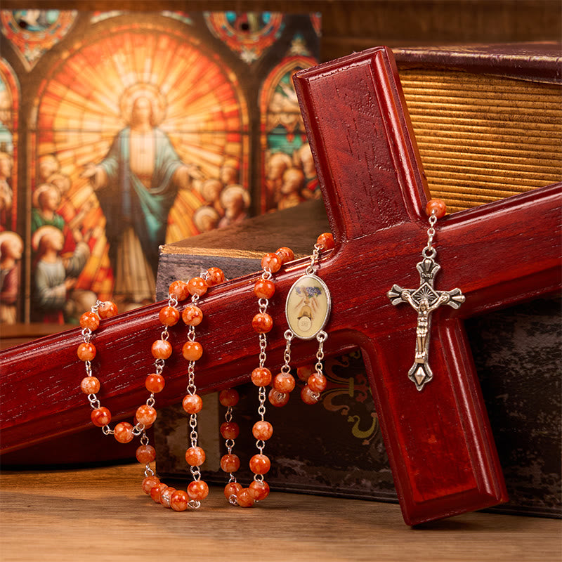 Christianartworkshop Rosario con cadena de aleación de vidrio naranja redondo de 8 mm y crucifijo de la Santa Comunión y Crucifijo. - Naranja - image 0