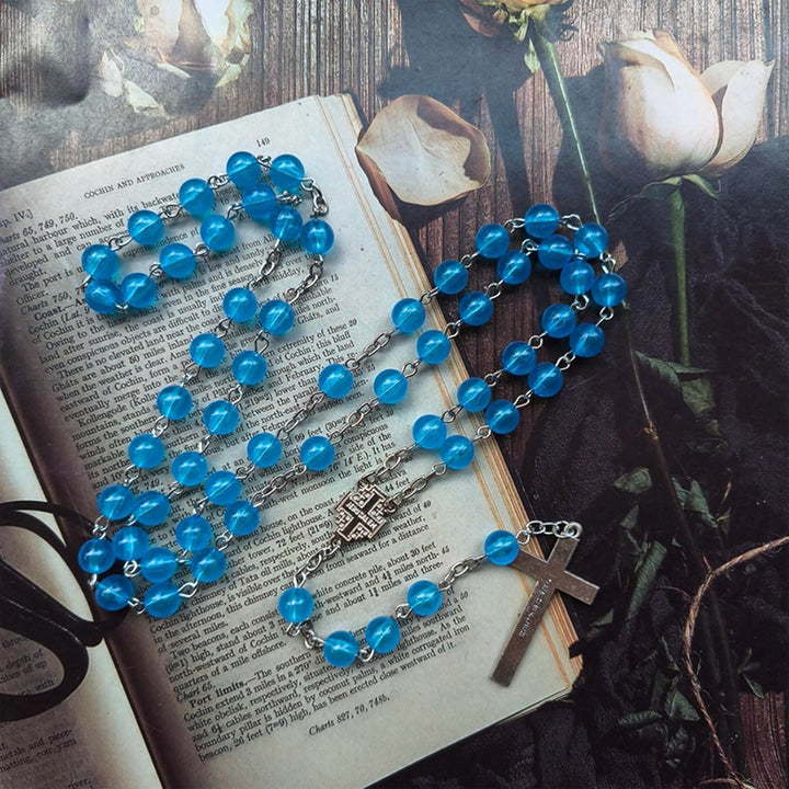 Christianartworkshop Rosario con medalla de Jerusalén y crucifijo de 8 mm de diámetro, de aleación acrílica azul y cadena. - image 3