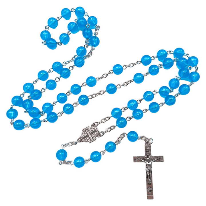 Christianartworkshop Rosario con medalla de Jerusalén y crucifijo de 8 mm de diámetro, de aleación acrílica azul y cadena. - image 1