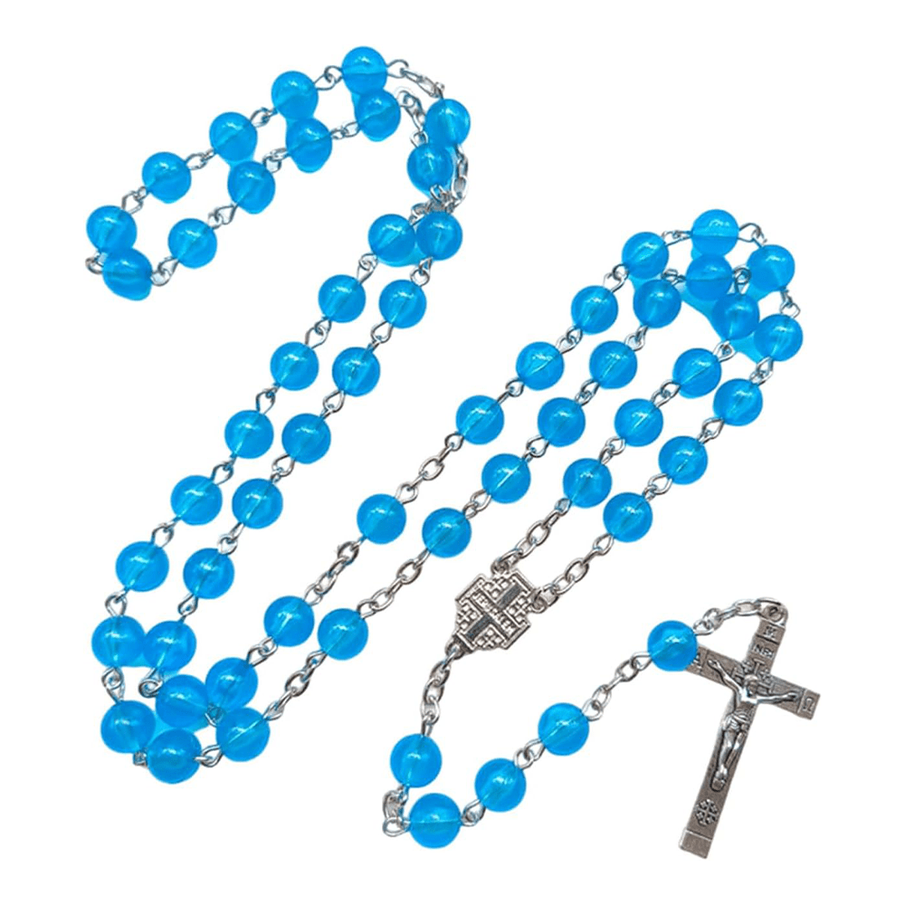 Christianartworkshop Rosario con medalla de Jerusalén y crucifijo de 8 mm de diámetro, de aleación acrílica azul y cadena. - Azul del lago - image 0
