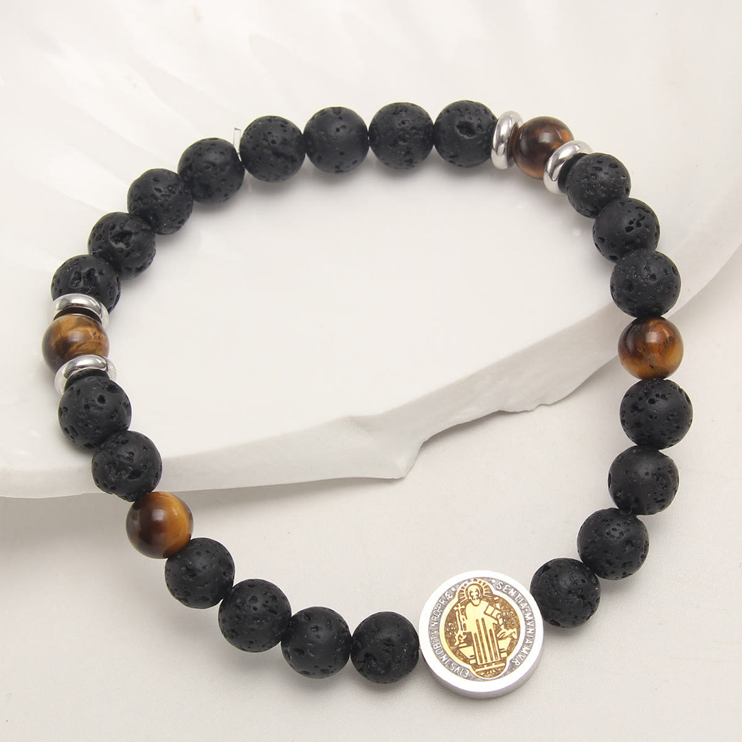 Christianartworkshop Pulsera de San Benito con ojo de tigre amarillo y piedra volcánica - Piedra volcánica - image 0