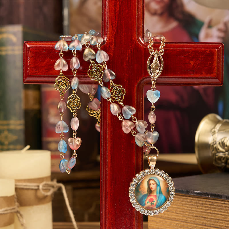 Christianartworkshop Rosario con Medalla Milagrosa y Corazón Inmaculado de 10 mm, rosa de cristal multicolor con cadena de aleación. - image 1