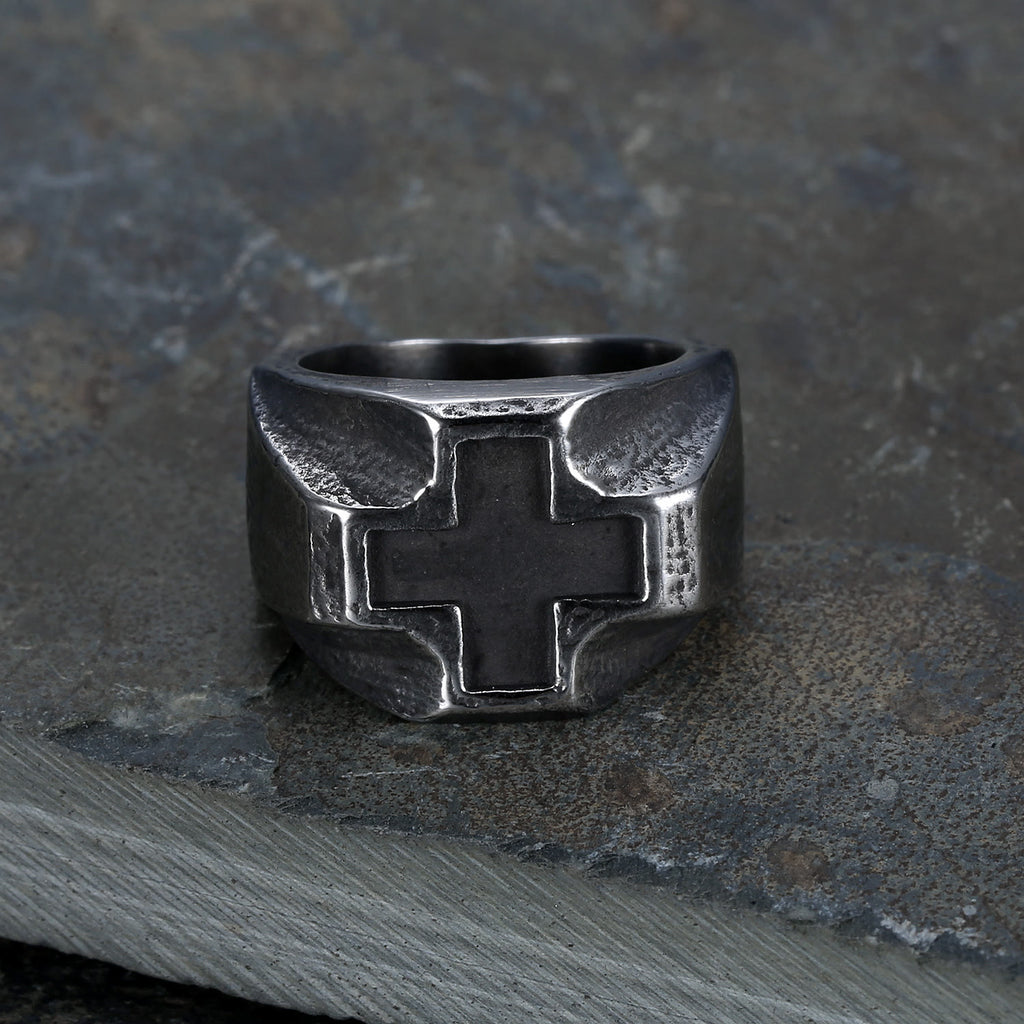 Christianartworkshop Anillo de fe de acero inoxidable con cruz grabada al estilo Heavy Metals - image 2