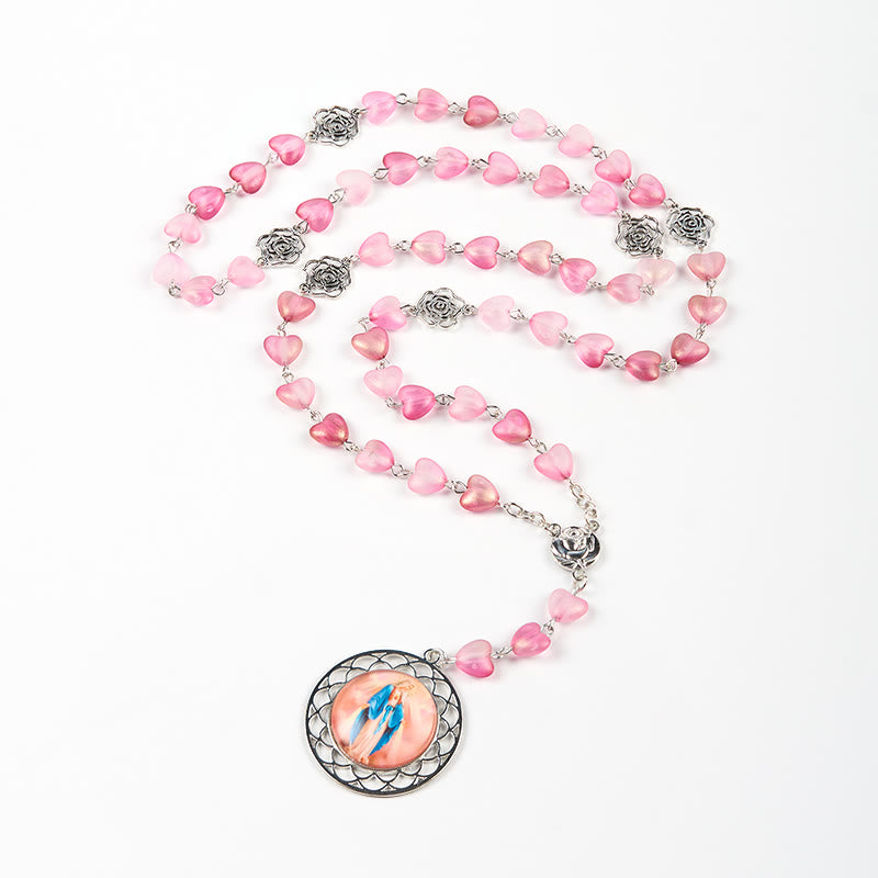 Christianartworkshop Rosa y Medalla Milagrosa de Corazón Rosa de 10 mm, Rosario de Aleación de Cristal Rosa con Cadena - image 5