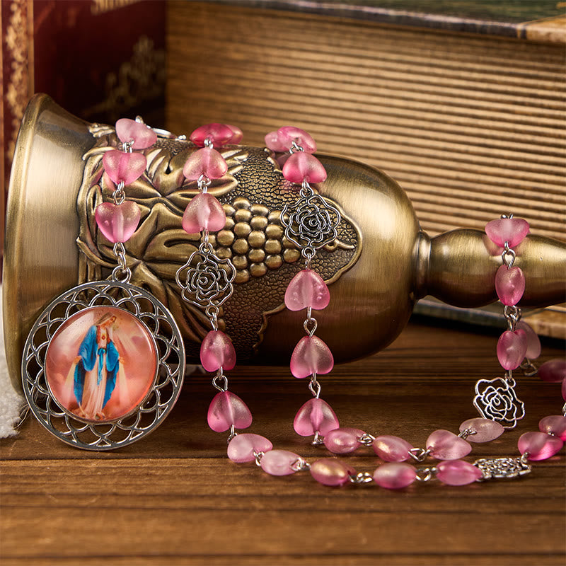 Christianartworkshop Rosa y Medalla Milagrosa de Corazón Rosa de 10 mm, Rosario de Aleación de Cristal Rosa con Cadena - Rosa - image 0