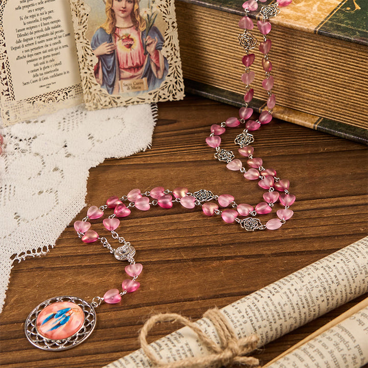 Christianartworkshop Rosa y Medalla Milagrosa de Corazón Rosa de 10 mm, Rosario de Aleación de Cristal Rosa con Cadena - image 1