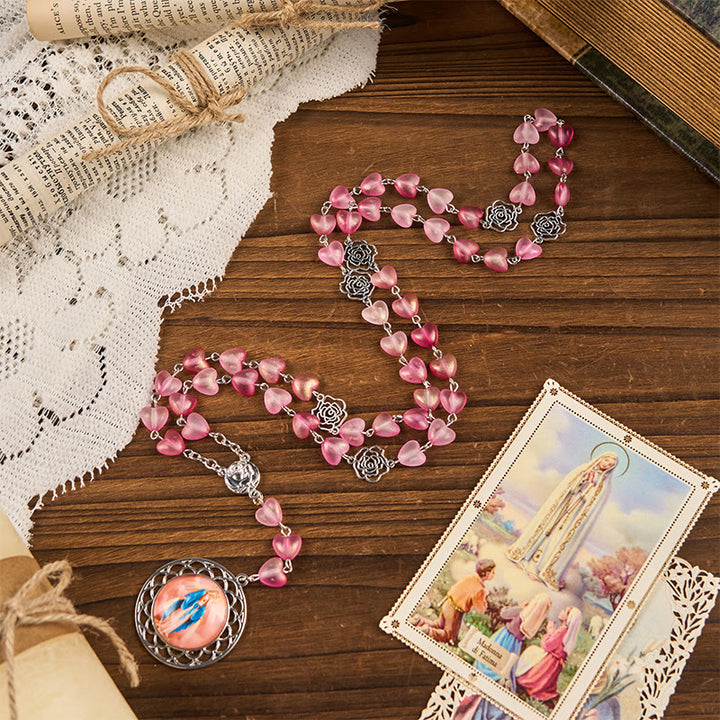 Christianartworkshop Rosa y Medalla Milagrosa de Corazón Rosa de 10 mm, Rosario de Aleación de Cristal Rosa con Cadena - image 2