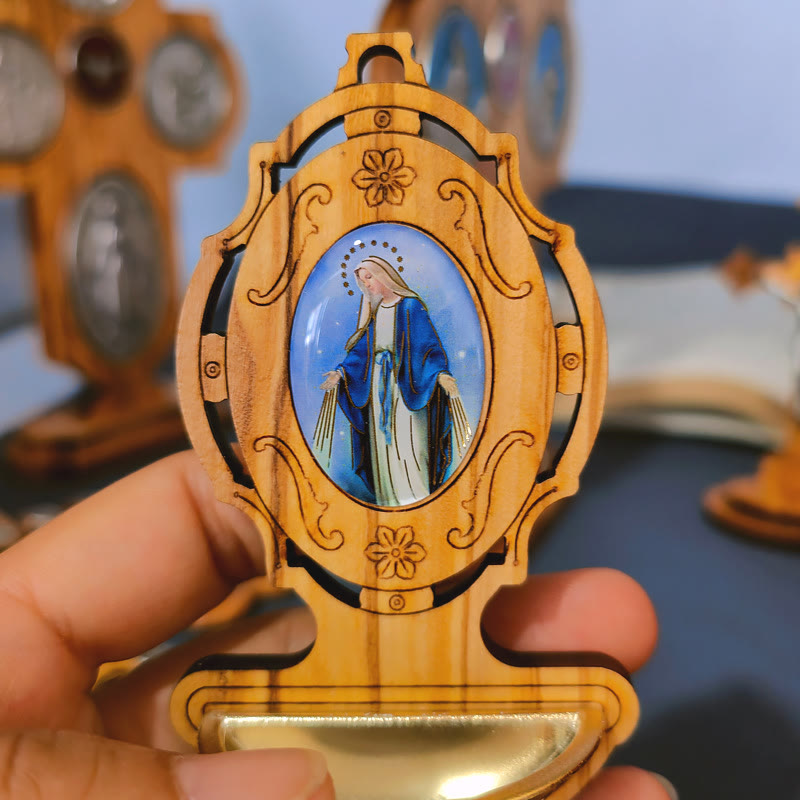 Christianartworkshop Medalla Milagrosa, Pila de Agua Bendita, Madera de Olivo, Asunción de Nuestra Señora - image 1
