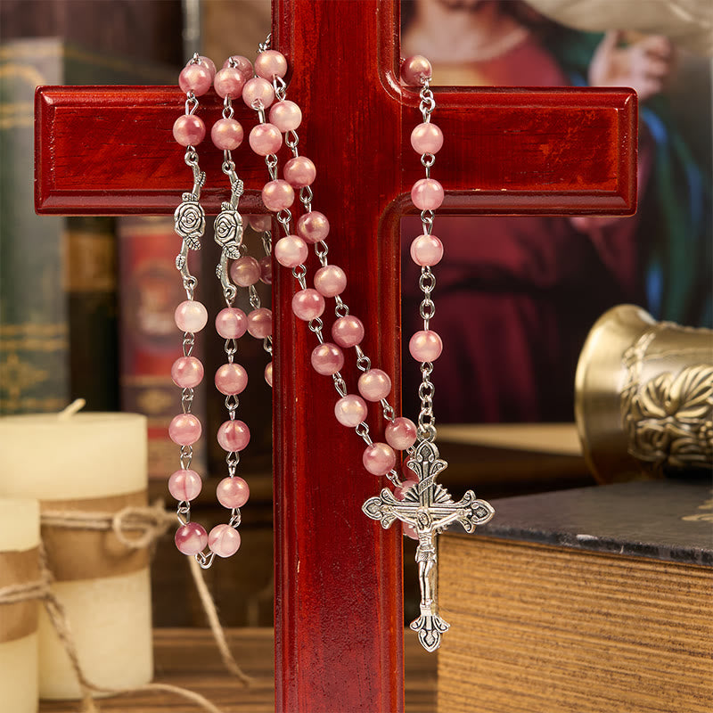 Christianartworkshop Rosario de Nuestra Señora y Crucifijo de 8 mm con cadena redonda de aleación rosa. - image 1
