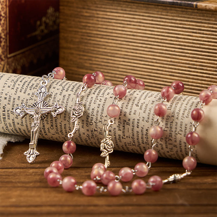 Christianartworkshop Rosario de Nuestra Señora y Crucifijo de 8 mm con cadena redonda de aleación rosa. - image 2