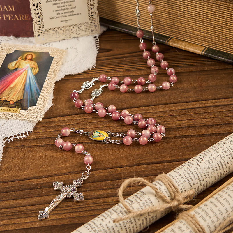 Christianartworkshop Rosario de Nuestra Señora y Crucifijo de 8 mm con cadena redonda de aleación rosa. - Rosa - image 0