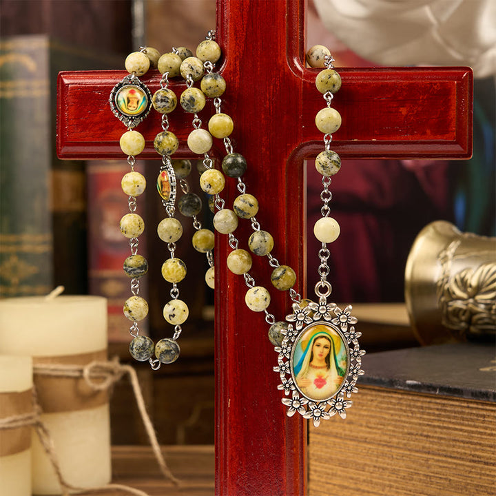 Christianartworkshop Rosario con Medalla Milagrosa y Corazón Inmaculado de Piedra Redonda de 8 mm y Cadena de Aleación Amarilla - image 4