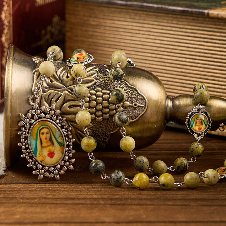 Christianartworkshop Rosario con Medalla Milagrosa y Corazón Inmaculado de Piedra Redonda de 8 mm y Cadena de Aleación Amarilla - image 6