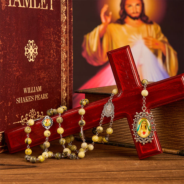 Christianartworkshop Rosario con Medalla Milagrosa y Corazón Inmaculado de Piedra Redonda de 8 mm y Cadena de Aleación Amarilla - image 5