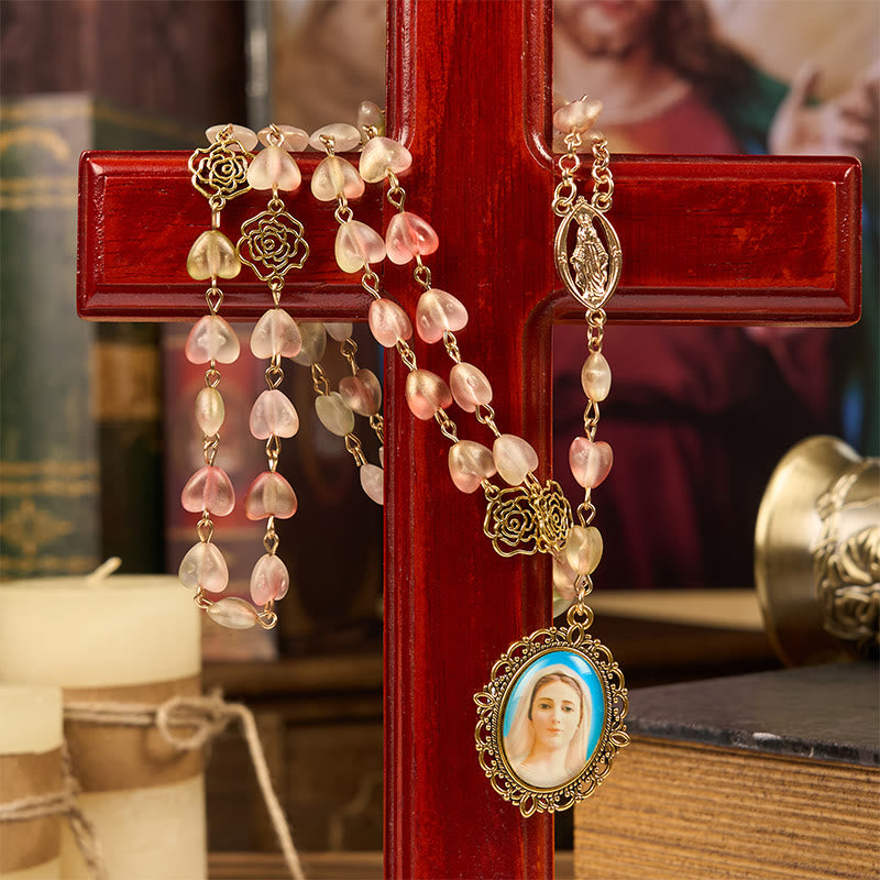 Christianartworkshop Medalla Milagrosa y Rosario de Aleación con Cadena de Cristal Rosa Corazón de Nuestra Señora de 10 mm - Albaricoque - image 0