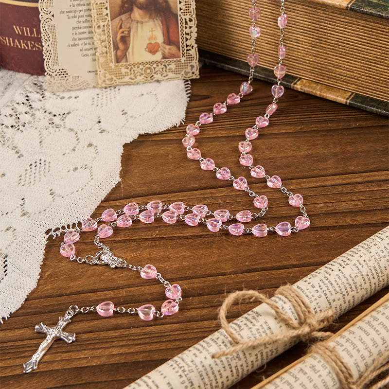 Christianartworkshop Rosario con cadena de aleación rosa, acrílico y crucifijo de 8 mm en forma de corazón. - image 2