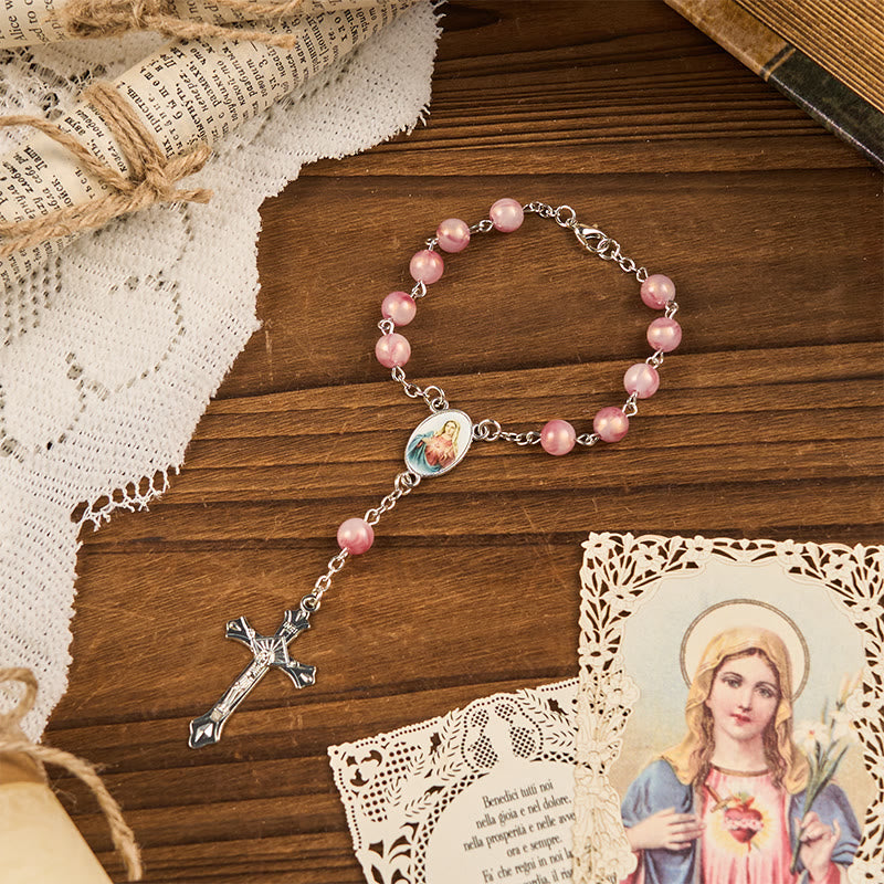Christianartworkshop Rosario del Inmaculado Corazón de María con cadena redonda de aleación rosa de 8 mm - Rosa - image 0
