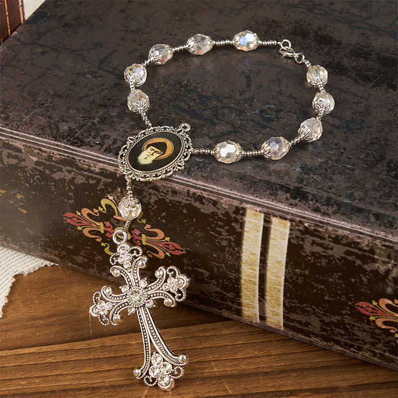 Christianartworkshop Medalla y cruz de San Charbel de cristal transparente de 10 mm, rosario de bolsillo de una década. - Medalla y Cruz de San Charbel - image 0