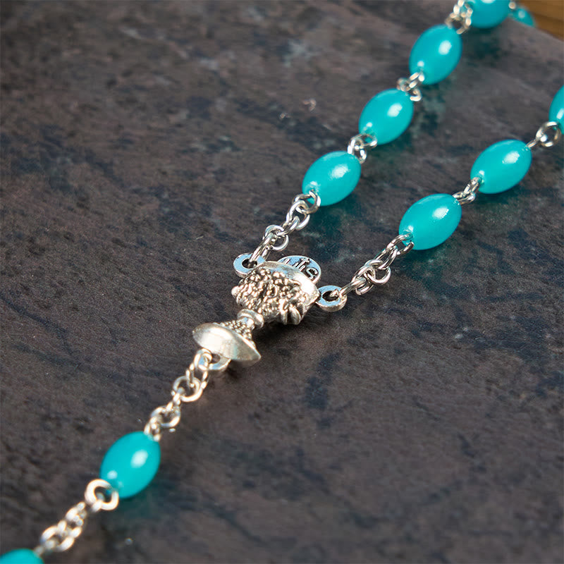 Christianartworkshop Rosario de cuentas de oración de cristal azul aguamarina de 6 mm con crucifijo y Santa Gailla. - image 4