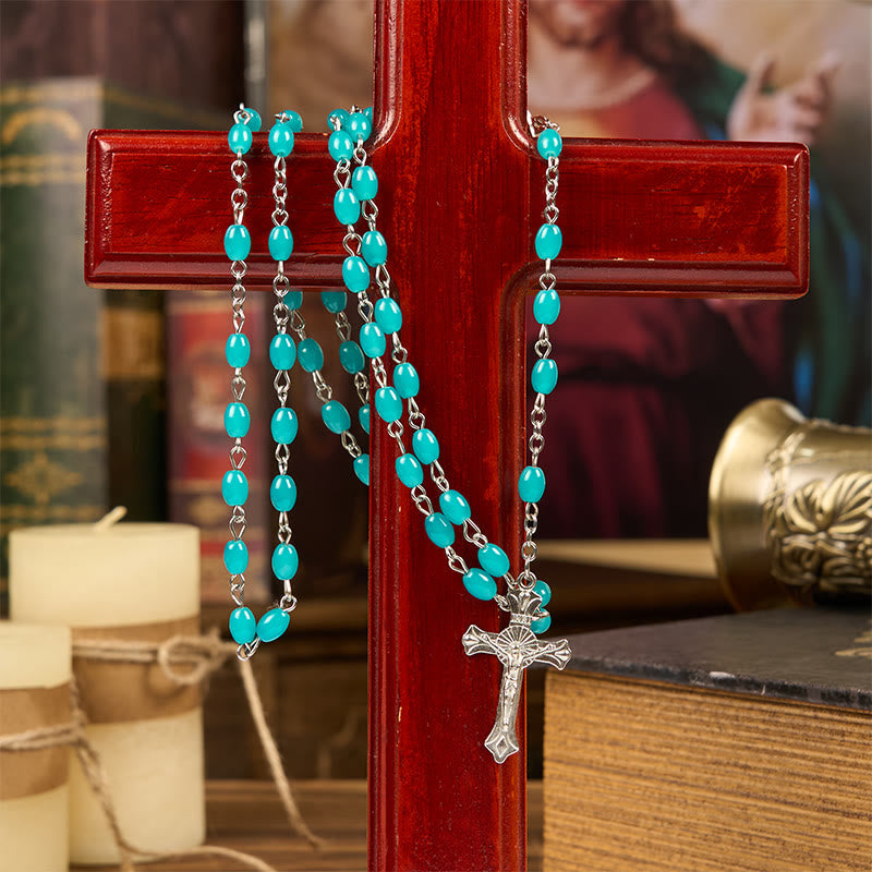 Christianartworkshop Rosario de cuentas de oración de cristal azul aguamarina de 6 mm con crucifijo y Santa Gailla. - image 1