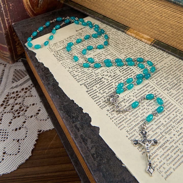 Christianartworkshop Rosario de cuentas de oración de cristal azul aguamarina de 6 mm con crucifijo y Santa Gailla. - image 5
