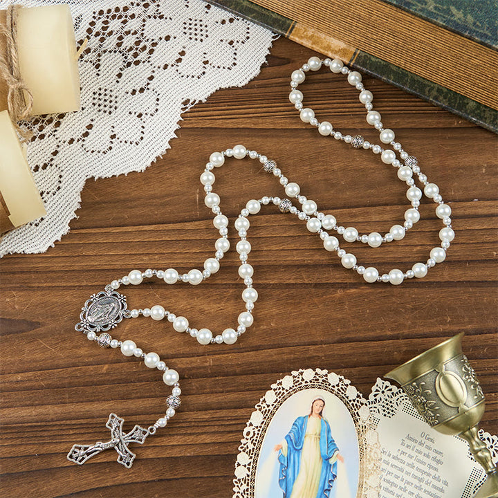 Christianartworkshop Rosario con Medalla Milagrosa y Crucifijo de Perlas Blancas de 4 mm - image 3